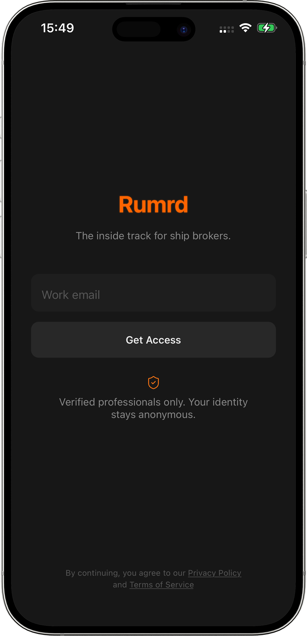 Rumrd login screen with work email verification